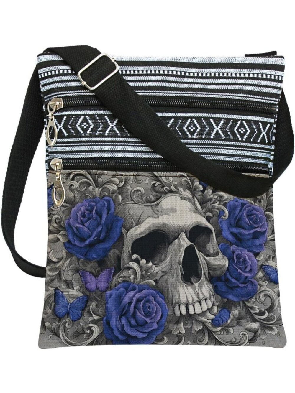 Women Blue White Halloween Pumpkin Bat Goth Skull Witch Crossbody Shoulder Bag